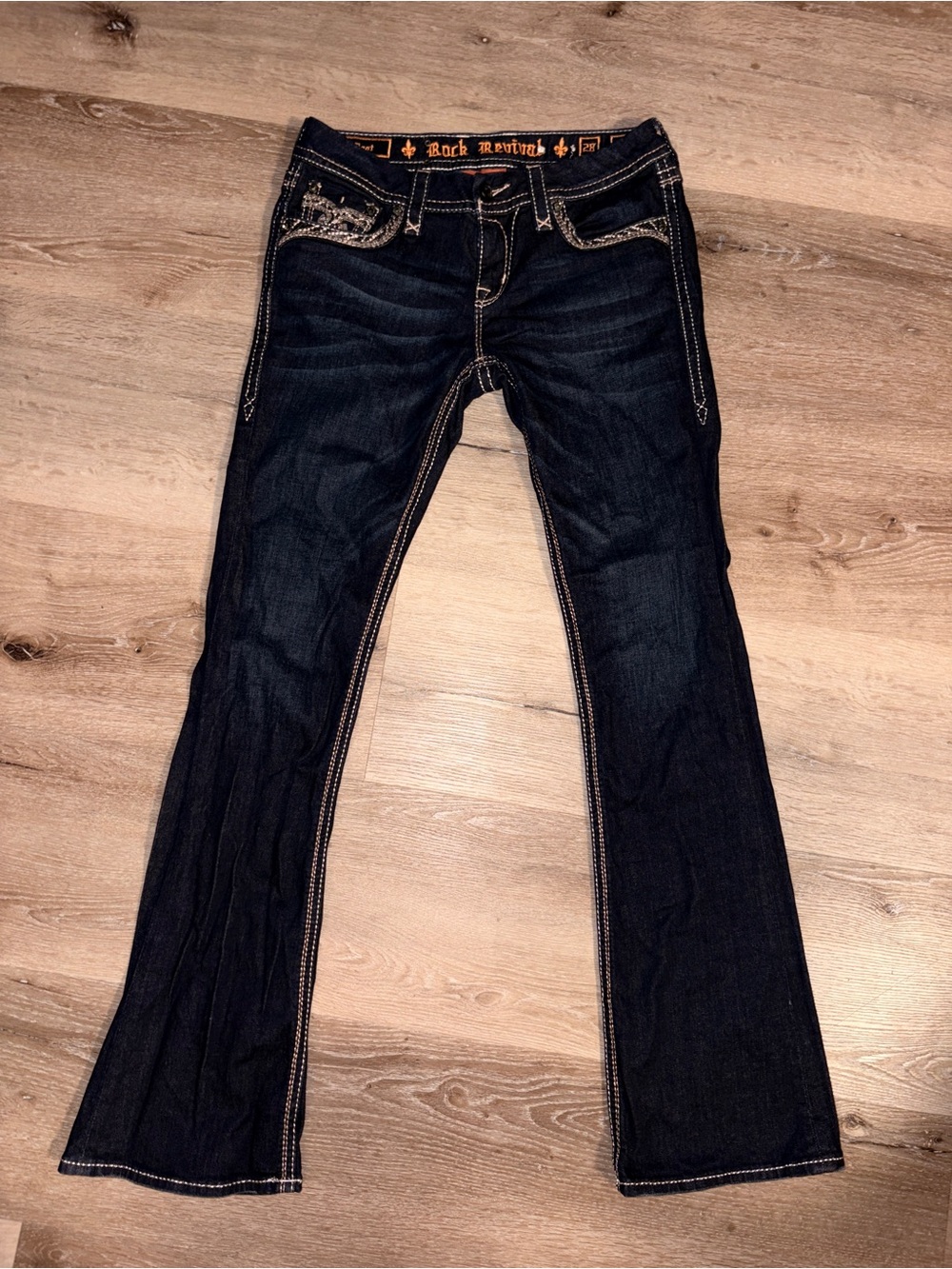 Rock Revival Dark Blue Boot Cut Jeans with Contrast Stitching